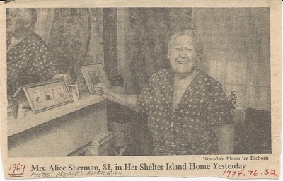 Newspaper clipping of photo of Mrs. Alice Sherman, 1969.