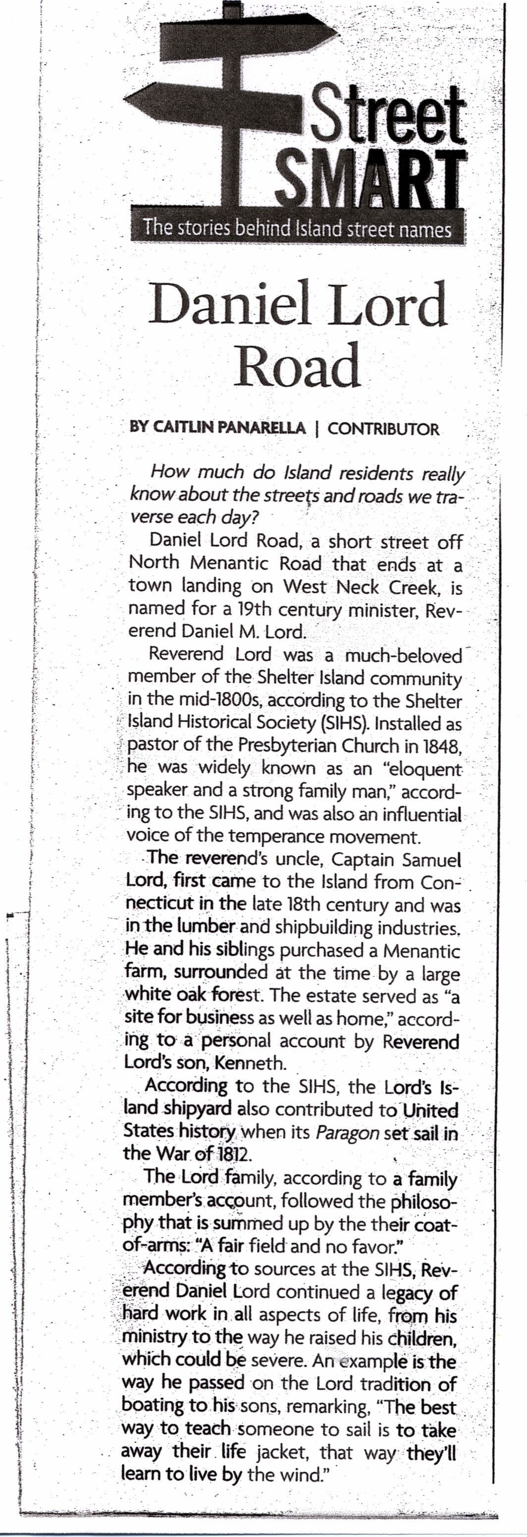 Article from the Shelter Island Reporter featuring the history behind Daniel Lord Road