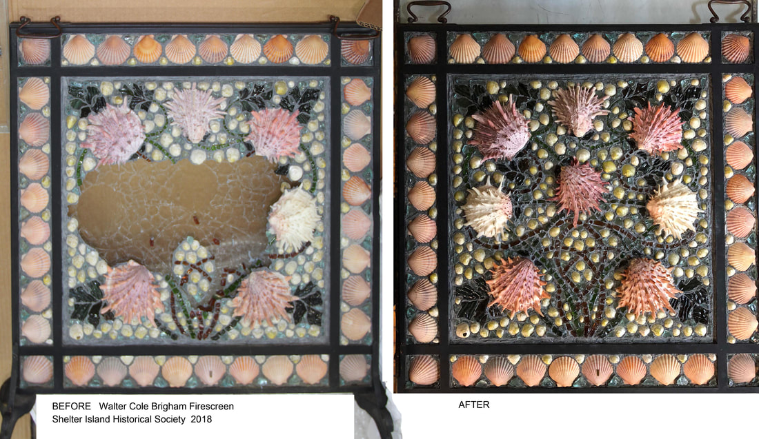Before and After Repair of Walter Cole Brigham's Marine Mosaic Firescreen